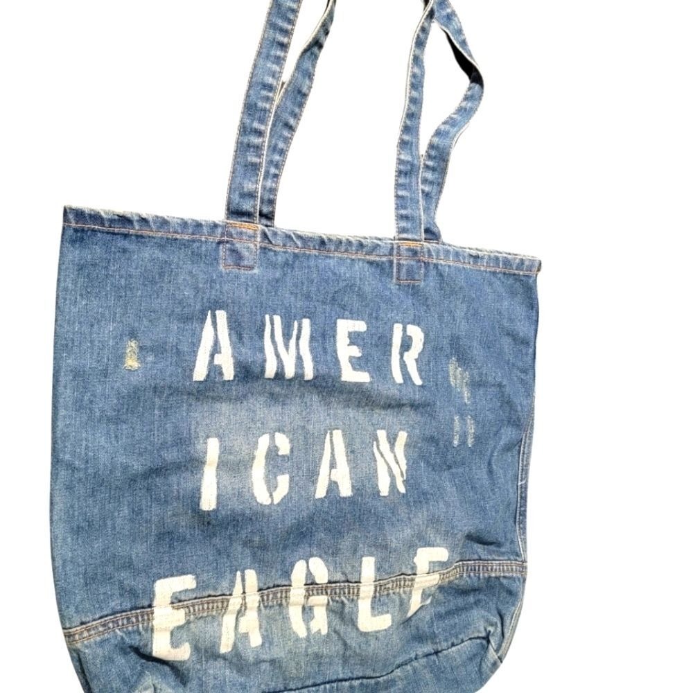 American Eagle Outfitters‎ Blue Distressed Top Handle Denim Shopping Tote Bag